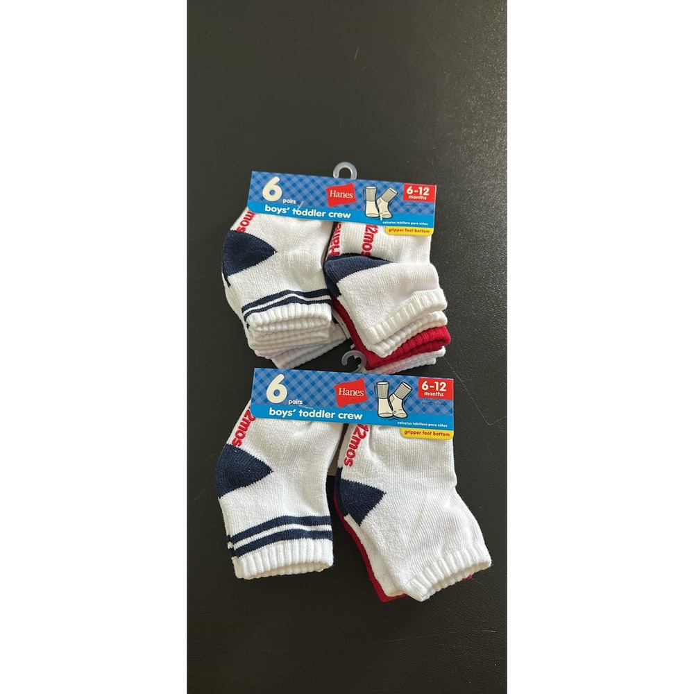 Hanes 6 Pack Boys Toddler Crew Socks 6‎ 12 Months White Red Blue Gripper Bottom